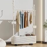 QD-WST ハンガーラック コートハンガー かご付き 大容量 キャスター 四つフック付き 洋服ラック 室内 インテリア (ホワイト, 幅60cm)