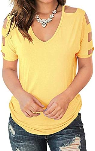 AIEason Women's Cold Shoulder Short Sleeve V-Neck T-Shirt Tops Casual Blouses Yellow