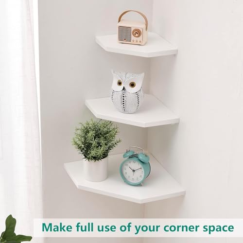 Image of Corner Floating Shelves, White Corner Wall Shelf Set of 2, Solid Oak Wood Corner Shelves Wall Mount Shelf with Wire Hole Small Plant Display for Kitchen Living Room Bedroom