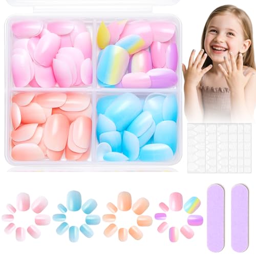 Virellay Fake Nagel Klebenägel - 96PCS Süße Kurze Künstliche Nägel zum aufkleben mit Gelee Kleber - 4 Farbig Glänzend Nägeldesign Mit Gradient, full cover Nagelspitzen - Schöne Geschenk
