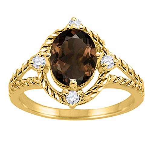 MauliJewels 1.85 Carat Oval Cut Smokey Quartz and Diamond Ring for Women, Prong Setting, 10K Solid Yellow Gold Wedding Jewelry
