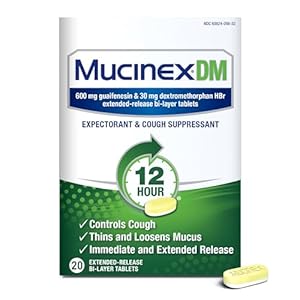 Mucinex DM 12Hr Chest Congestion & Cough Medicine For Adults, Cold And Cough Medicine for Excess Mucus Relief, 600 mg Guaifenesin & 30 mg Dextromethorphan HBr, 20 Bi-Layer Tablets