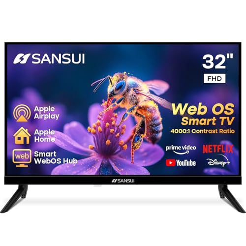 SANSUI 32 inch FHD Smart WebOS TV | Frameless Screen with chromecast Built in | 4000:1 Contrast Ratio|WebOS Hub with 2×8W Speakers & Apple HomeKit & Live TV| Support Airplay & WiFi & Bluetooth 5.2