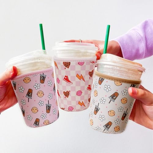 Image of Reusable Insulated Neoprene Iced Coffee Cup Sleeve, Durable Drink Sleeve for Cold Beverages, Beverage Holder for Iced Coffee, Preppy Pink