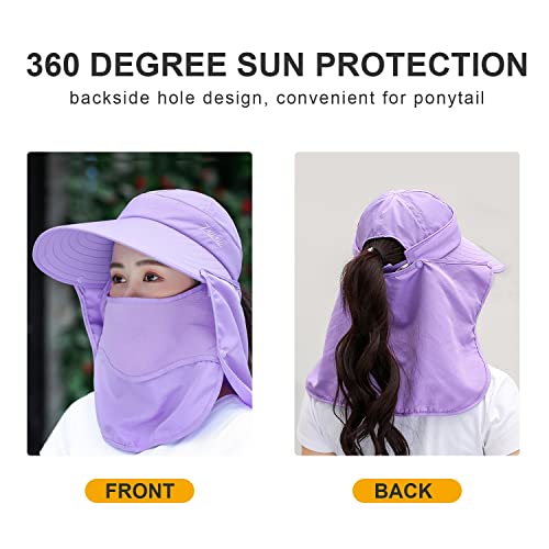Image of Women Wide Brim Face Mask Sun Hat Detachable Neck Face Flap Ponytail UV Protection Visor Hat Garden Fishing Hiking