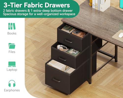Image of AODK 51 Inch Computer Desk with Drawers & USB Power Outlets - Reversible Home Office Desk with Storage Shelves, Work from Home, Modern Work /Writing /Study Table for Bedroom, Grey Oak