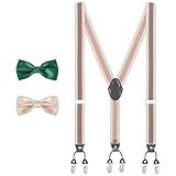 wanying uomo 6 clip bretelle & 2 papillon 3 in 1 set, larghe 3,5 cm forma di y bretelle estese per statura 170-200 cm - a righe verde scuro