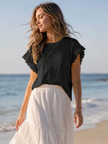 Image of Tankaneo Womens Summer Crewneck T-Shirts Lace Cap Sleeve Tops Dressy Casual Loose Fit Work Basic Tees Outfits 2026