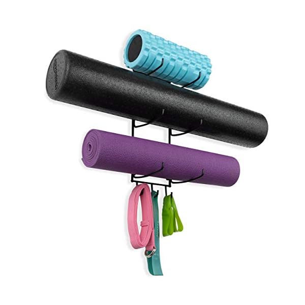 Wallniture Guru Wall Mount Yoga Mat Home Gym Equipment Resistance Bands and Foam Roller Holder with 3 Hooks 3 Sectional Metal Black