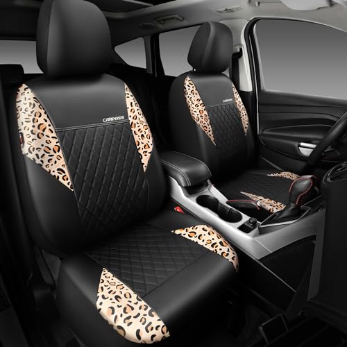 Image of CAR PASS Leather Leopard Two Front Seat Cover Only, Universal Quilting Waterproof Deluxe PU Premium Vinyl Luxury Car Seat Cover Airbag Compatible for Most Sedan,SUV,Truck(Two Front, Brown Leopard)