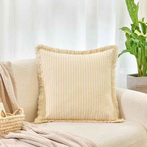 Image of ZWJD Throw Pillow Covers 20x20 Set of 2 Striped Pillow Covers with Fringe Chic Cotton Decorative Pillows Square Cushion Covers for Sofa Couch Bed Living Room Farmhouse Decor, (Yellow)