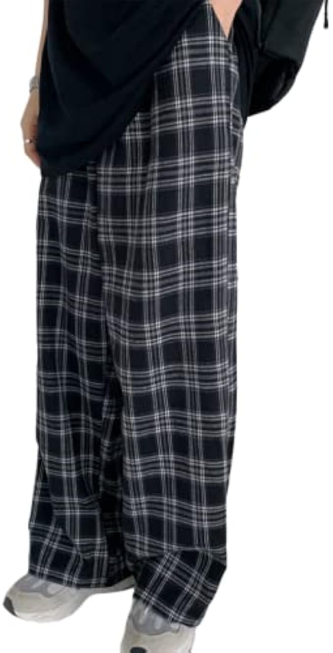 NCDUANSAN 原宿格紋長褲 女款 休閒 超大 3XL 寬鬆 寬腿褲 復古 女孩 嘻哈 狂野 男女皆宜 街頭, 黑色, Large