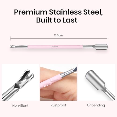 Image of Beetles Cuticle Pusher Dual Ended Cuticle Remover with Round End Push Back Cuticles Fork End Remove Lifted Cuticles Nail Prep Tool Stainless Steel Pink Two in One Dead Skin Nail Scraper