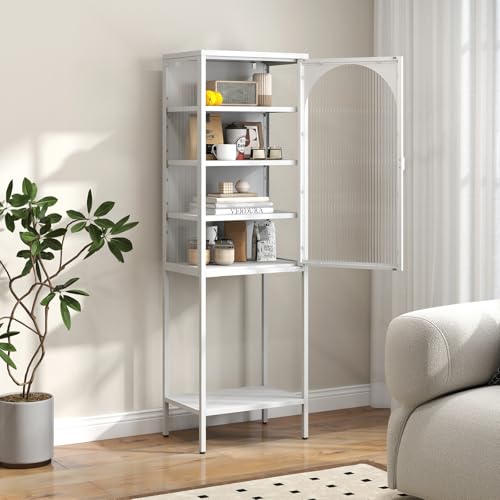 BIZOEIRON Armoire en métal avec porte en verre, vitrine en verre debout, vitrine avec 3 étagères réglables, armoire étroite en verre, 35 x 50 x 160 cm (P x l x H) - Blanc