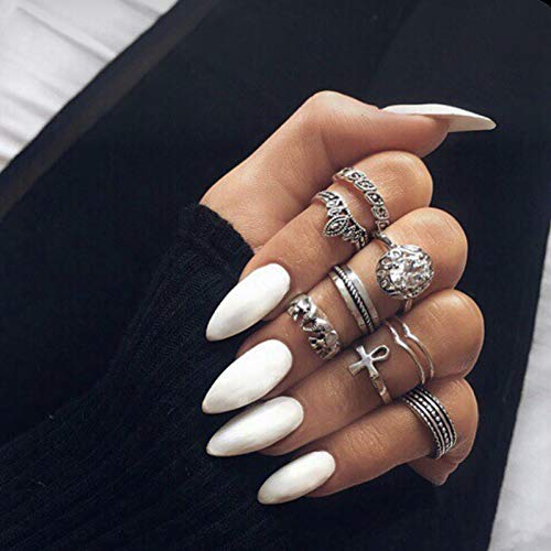 Skyvan 24 Pcs Full Cover Long Sharp Stiletto White Press On Nails False Fake Glue On Nails Tips with Glue and Adhesive Tab