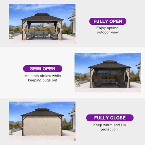 PURPLE LEAF 12’ X 14’ Outdoor Hardtop Gazebo Metal Frame Galvanized Steel Double Roof with Curtains and Nettings for Patio Desk Backyard Bronze - Image 8