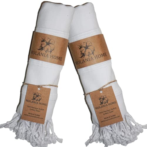 Molania Home Turkish Hand Towel Set Of 2 (16X40) | 100% Organic Cotton Turkish Towels For Bathroom | Decorative Kitchen Hand Towels | Usage For Face, Hair, Gym, Yoga, Tea, Kitchen And Bath - White #TOP15