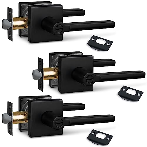 Image of NEWBANG (3Pack) Bed /Bath Room Door Lever for Privacy Bathroom and Interior Door Door Lock Handle in Aged Matt Black, HD1601-DB-BK-3P