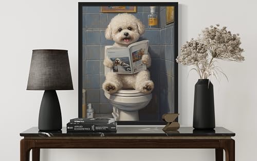 Image of Bichon Frise on Toilet Black Framed Wall Art Print Poster, Dog Bathroom Humor Decor Posters Prints for Restroom Home Picture Painting Artwork Gallery 7 (Bichon Frise, 18 x 24 inches, Black Frame)