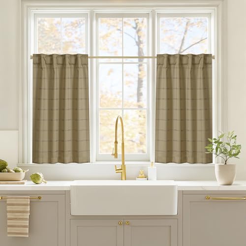 NICETOWN Farmhouse Buffalo Plaid Cafe Tier 100% Blackout Curtains 36 Inches Long, Gingham Rod Pocket Back Tab Short Tier Curtain for Kitchen Bathroom