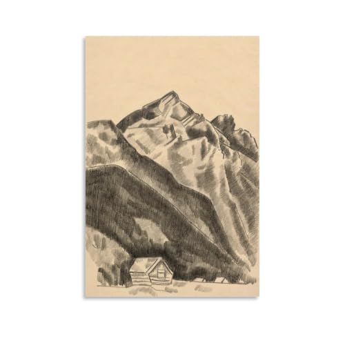 Art mural expressionniste avec montagne et cabane : toile moderne Marsden Hartley