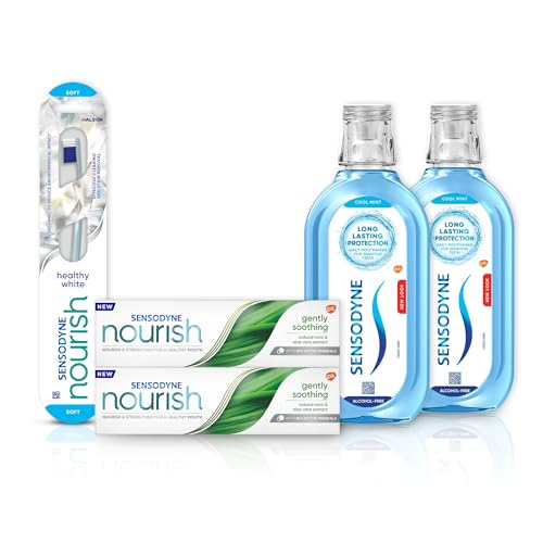 Sensodyne Paquete de pasta de dientes, cepillo de dientes y enjuague bucal – 2 pasta de dientes nutritiva, 2 enjuagues bucales y 1 cepillo de dientes – Régimen de cuidado dental para dientes sensibles