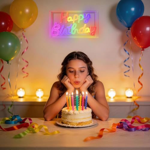 Image of Colorful Happy Birthday Neon Sign, LED Wall Decor, Type-C /USB Power | Led Happy Birthday Light Up Sign For Birthday Party, Backdrop, Wall, Tabletop Decorations, 2 Hooks Included