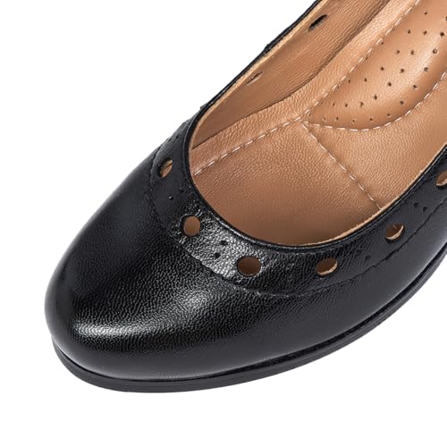 Mona flying Women's Leather Closed Round Toe 3 inch Chunky High Heel Pumps Office Work Dress Shoes for Ladies3