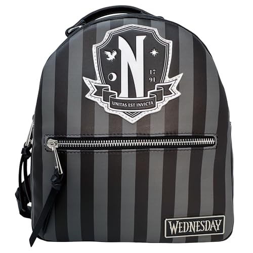 Mad Engine Officially Licensed Wednesday Addams TV Series Stripes NEVERMORE Mini Backpack – Black & Gray Striped Gothic Bag, Kawaii Cosplay Youth & Adult Backpack with Adjustable Shoulder Straps