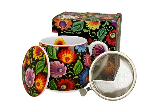 Taste of Poland Polish Folk Art Porcelain Barrel Mug with Tea Infuser & Lid, 430ml (Lowicz Black)