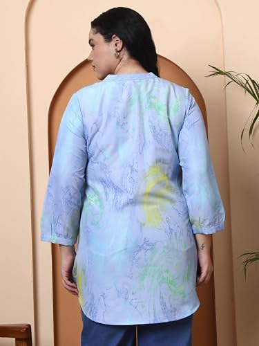 Image of Yash Gallery Women's Wrinkle Free Printed Short Kurti Mandarin Collar with Pintuck Pleats 3 /4th Sleeve