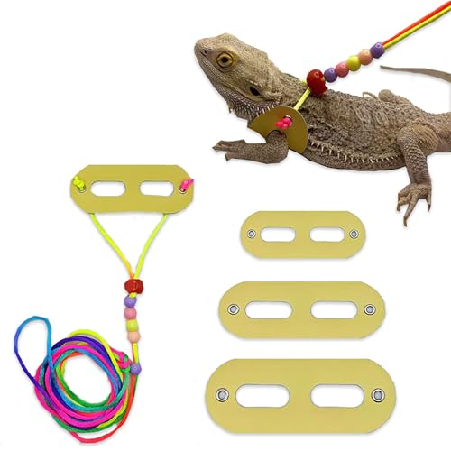 Image of AIITLE Bearded Dragon Leash & Harness 3-Size Pack (S /M /L) - Adjustable, Soft Leather Reptile Harness for Geckos, Lizards, Chameleons, Ferrets, Hamsters, Yellow