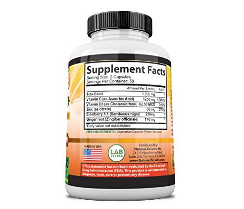 Naturalife Labs Vitamin C 1,700 Mg With Vitamin D3, Zinc, Elderberry, Ginger Root - Maximum Strength Multi System Immune Support- 100 Veggie Capsules #TOP2