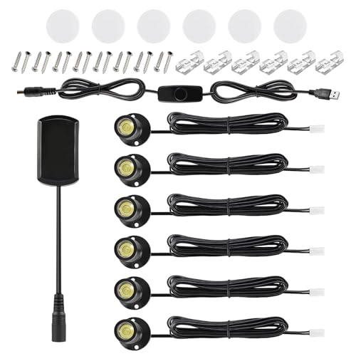 AMFUN 6 Piezas Mini focos LED 5V 1W, Mini Spot Luz, 5V Dimmable LED Reflectores, Rotación de 360, para El Hogar, Hotel, Decoración de Joyas, Pintura, Vitrinas de Vinos (Luz Neutra de 4000 K)