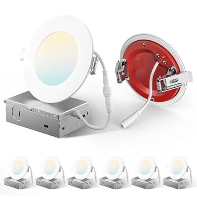 Amico 6 Pack 4 Inch Fire Rated LED Recessed Light with Junction Box, 2 Hour Fire Rating, 5CCT Selectable Ultra-Thin Ceiling Light, 900LM, Dimmable Canless Wafer Downlight, ETL & FCC, No Tenmat Needed