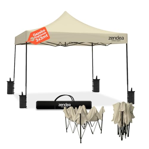 Zendea - Gazebo Beige 3x3 Pieghevole Impermeabile con Struttura Rinforzata