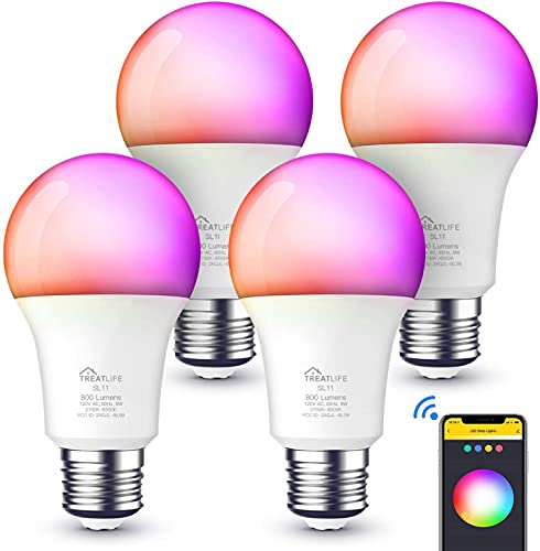 TREATLIFE Smart Light Bulbs 4 Pack, 2.4GHz Music Sync Color Changing Light Bulb, Works with Alexa Google Home, A19 E26 Dimmable LED Light Bulb 9W 800Lumen for Party Decoration, Smart Home, Multicolor TREATLIFE Smart Light Bulbs 4 Pack, 2.4GHz Music Sync Color Changing Light Bulb, Works with Alexa Google Home, A19 E26 Dimmable LED Light Bulb 9W 800Lumen for Party Decoration, Smart Home, Multicolor