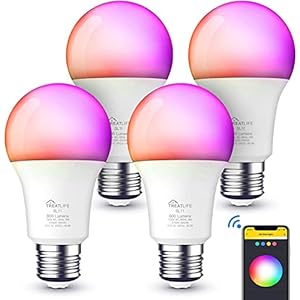 TREATLIFE Smart Light Bulbs 4 Pack, 2.4GHz Music Sync Color Changing Light Bulb, Works with Alexa Google Home, A19 E26 Dimmable LED Light Bulb 9W 800Lumen for Party Decoration, Smart Home, Multicolor