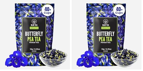 Image of BLUE TEA - Butterfly Pea Flower Tea - 0.35 Oz (40+ Cups) Loose | Antioxidant Rich | Caffeine Free - Detox Tea - Flower Based - Herbal Tea - Non-Bitter - Chemical Free | Zipper Pouch (Pack of 2)