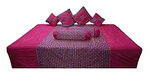 Kashiya Pink with Multi-Colored Banarasi Brocade Silk Fabric Checkered Pattern DIWAN Set with 1 Bed Sheet, 2 Bolster Cover & 4 Cushion Cover with Zari Embroidory