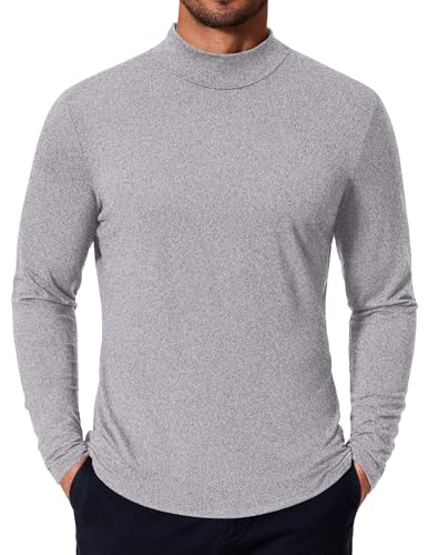 COOFANDY Men's Fashion Mock Neck T Shirts Long Sleeve Turtleneck Pullover Shirts Basic Slim Fitted Tee Shirts White Heather Grey