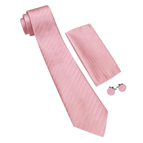 Image of Barry.Wang Solid Striped Tie for Men Silk Necktie Pocket Square Cufflinks Formal Wedding Party Business
