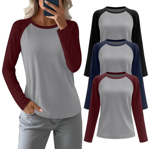 Huukeay 3 Pack Women's Long Sleeve Shirts, Raglan Color Block Baseball Tees, Crew Neck Casual Jersey Tunics Tops