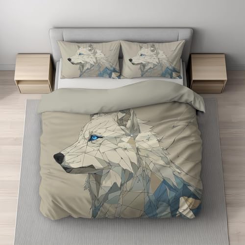 Housse de couette 240x260 beige loup blanc avec 2 taies d'oreiller
