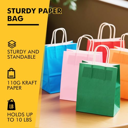 Image of RACETOP 96 Pack Small Paper Gift Bags with Handles, 5.8 inchx3.2 inchx8.25 inch Kraft Paper Party Favor Bags Bulk for Kids Birthday, Baby Shower, Crafts, Wedding, Party Supplies (8 Colors)