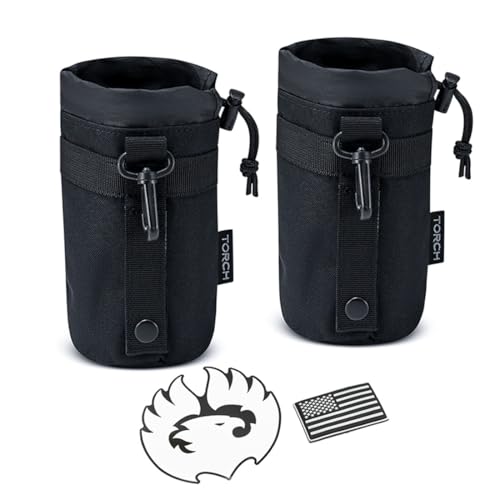 Torch MOLLE Water Bottle Holder Drawstring Pouch Tactical Hydration Carrier Attachment for Every Day Carry Gear (Black 2-Pack)