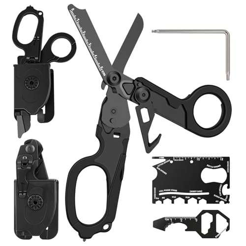 6-in-1 Trauma Shears Foldable Kit Heavy Duty Emergency Tools with Glass Breaker Seatbelt Cutter and Holster Multipurpose Scissors for Car Safety EDC Medical First Aid - Electroplated Black
