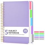 5 Subject Notebook College Ruled, A5 Hardcover Spiral Notebook with Removable Pocket Dividers Tabs, 240 Pages Lined Spiral Journal Notebook for Women, 6x8.5 Notebooks for Work School Note taking purple