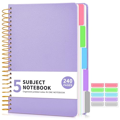 5 Subject Notebook College Ruled, A5 Hardcover Spiral Notebook with Removable Pocket Dividers Tabs, 240 Pages Lined Spiral Journal Notebook for Women, 6x8.5 Notebooks for Work School Note taking purple