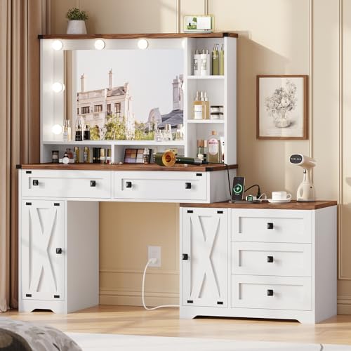 Hasuit Farmhouse Makeup Vanity Desk with Hollywood Makeup Mirror, 56.5" Large Vanity Desk with Charging Station, Dressing Table with Shelves & 5 Drawers & 2 Cabinets for Bedroom, Lights Adjustable